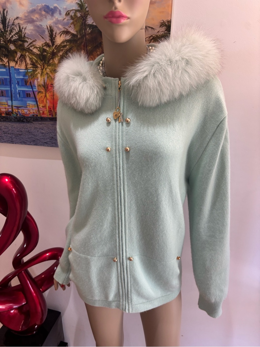 St. John cashmere Mint Green Zip  Jacket Fox fur hooded Large cardigan